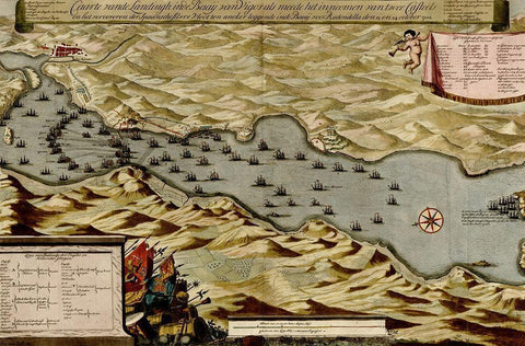 Vigos Spain 1700 Battle of Vigo Bay Black Ornate Wood Framed Art Print with Double Matting by Vintage Maps