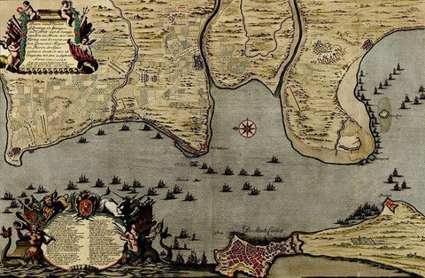 Straits of Cadiz Gibraltar 1700 Black Ornate Wood Framed Art Print with Double Matting by Vintage Maps