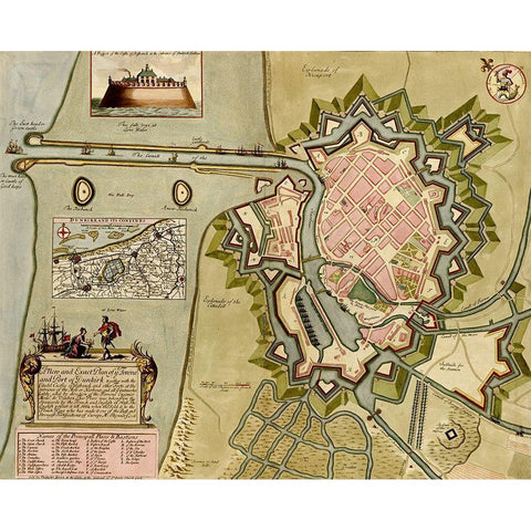 Dunkirk Dunquerque Defenses 1700 Gold Ornate Wood Framed Art Print with Double Matting by Vintage Maps