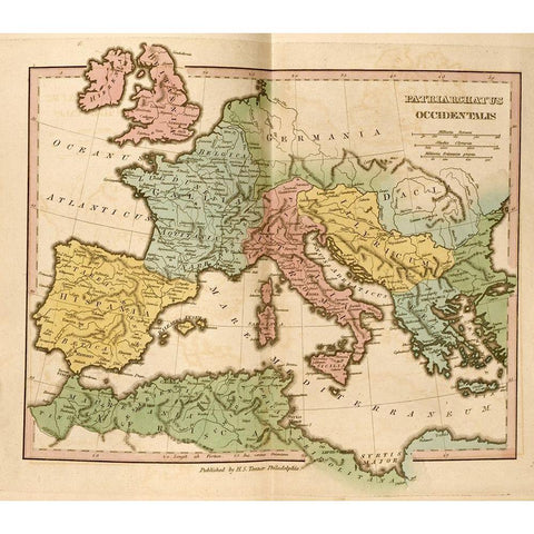 Lands of the Patriarchs in the Western Europe 330 CE Gold Ornate Wood Framed Art Print with Double Matting by Vintage Maps