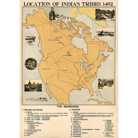 Location of Indian Tribes in 1492 Black Modern Wood Framed Art Print with Double Matting by Vintage Maps