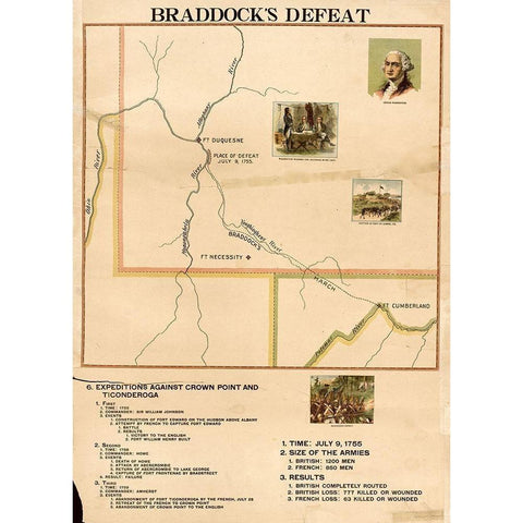 Braddocks Defeat Gold Ornate Wood Framed Art Print with Double Matting by Vintage Maps