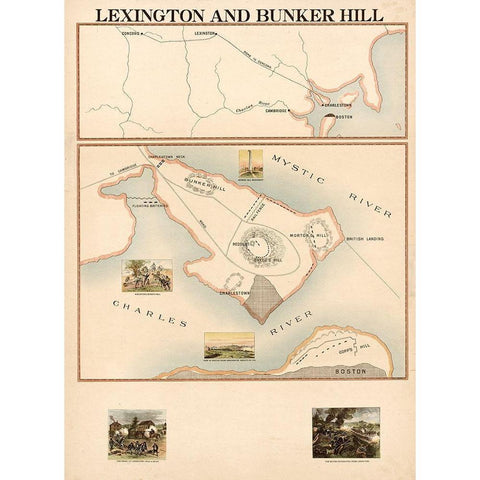 Lexington and Bunker Hill Gold Ornate Wood Framed Art Print with Double Matting by Vintage Maps