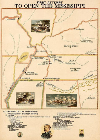 Civil War First Attempt to Open the Mississippi Black Ornate Wood Framed Art Print with Double Matting by Vintage Maps