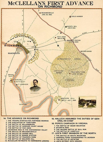 Civil War McClellans 1st Advance on Richmond Black Ornate Wood Framed Art Print with Double Matting by Vintage Maps