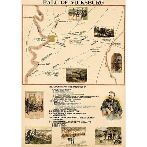 Civil War Fall of Vicksburg Mississippi Gold Ornate Wood Framed Art Print with Double Matting by Vintage Maps