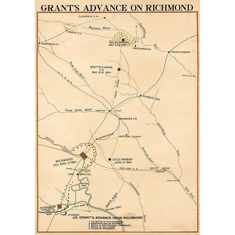 Civil War Grants Advance on Richmond Gold Ornate Wood Framed Art Print with Double Matting by Vintage Maps