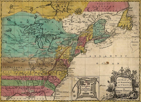 Map of British and French Settlements in America 1755 White Modern Wood Framed Art Print with Double Matting by Vintage Maps