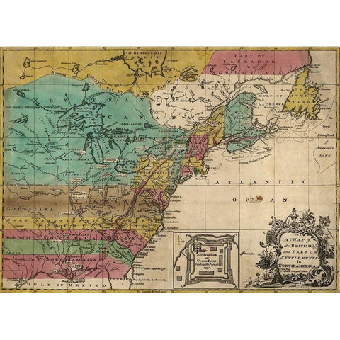 Map of British and French Settlements in America 1755 Gold Ornate Wood Framed Art Print with Double Matting by Vintage Maps