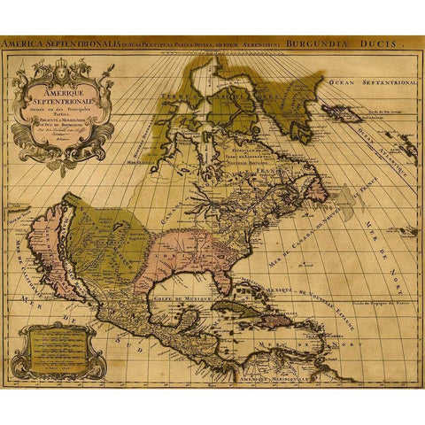 America Divided amongst Claimants 1694 Black Modern Wood Framed Art Print with Double Matting by Vintage Maps