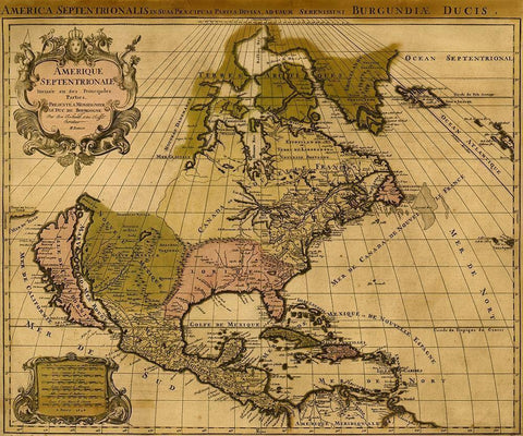 America Divided amongst Claimants 1694 Black Ornate Wood Framed Art Print with Double Matting by Vintage Maps