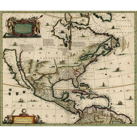 America in the 17th Century 1652 Gold Ornate Wood Framed Art Print with Double Matting by Vintage Maps