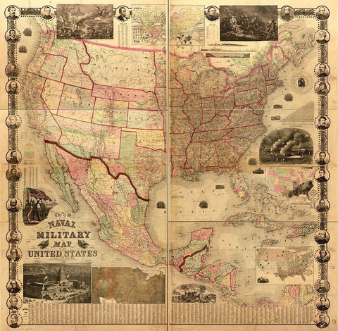 Naval Military Map of the United States 1862 Black Ornate Wood Framed Art Print with Double Matting by Vintage Maps