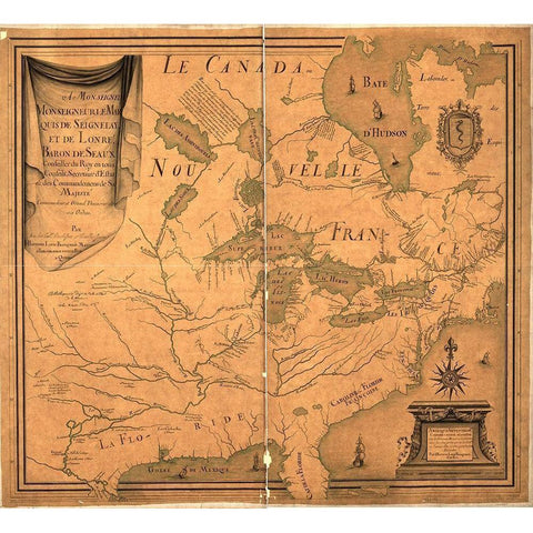 Canada and New France 1685 Black Modern Wood Framed Art Print with Double Matting by Vintage Maps