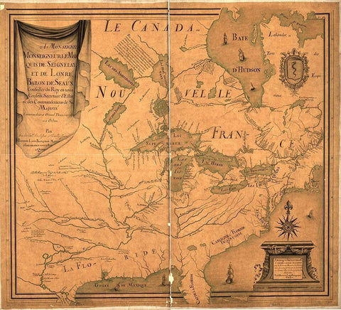 Canada and New France 1685 Black Ornate Wood Framed Art Print with Double Matting by Vintage Maps