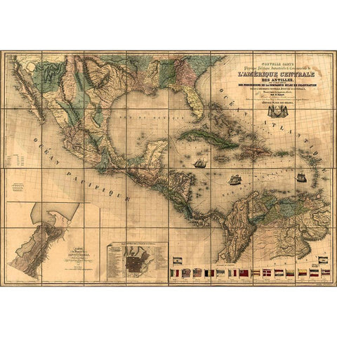 Central America and The Antilles 1845 Black Modern Wood Framed Art Print with Double Matting by Vintage Maps