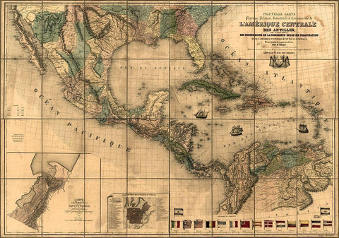 Central America and The Antilles 1845 White Modern Wood Framed Art Print with Double Matting by Vintage Maps