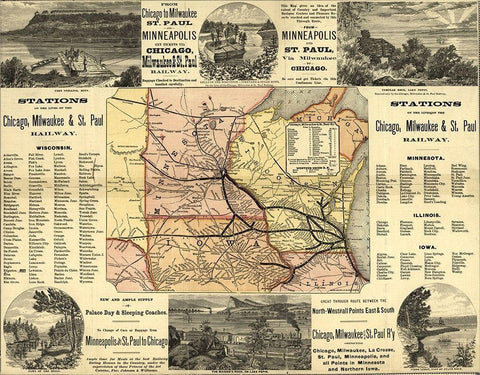 Chicago to Milwaukee Railroad Map 1874 Black Ornate Wood Framed Art Print with Double Matting by Vintage Maps