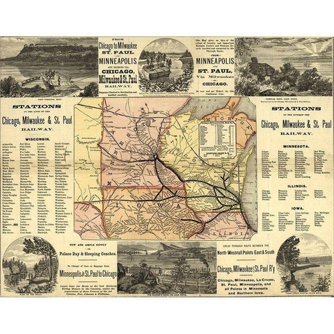 Chicago to Milwaukee Railroad Map 1874 Gold Ornate Wood Framed Art Print with Double Matting by Vintage Maps