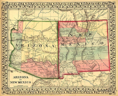 Arizona and New Mexico 1867 Black Ornate Wood Framed Art Print with Double Matting by Vintage Maps