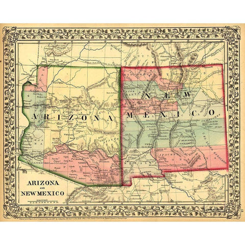 Arizona and New Mexico 1867 White Modern Wood Framed Art Print by Vintage Maps