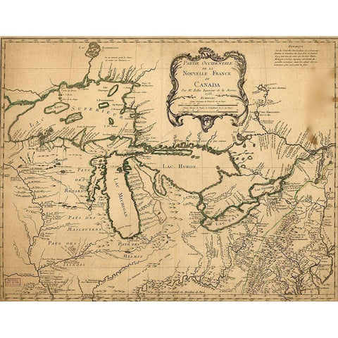 Great Lakes Region During French Settlement Period 1755 Gold Ornate Wood Framed Art Print with Double Matting by Vintage Maps