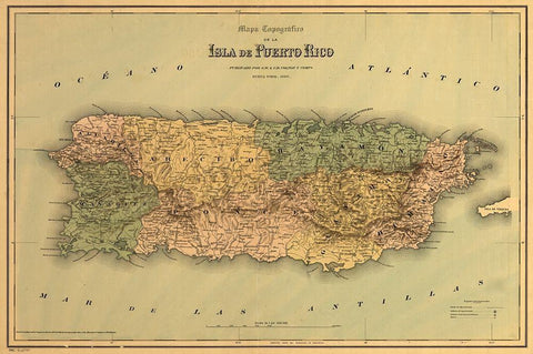 Puerto Rico 1886 Black Ornate Wood Framed Art Print with Double Matting by Vintage Maps