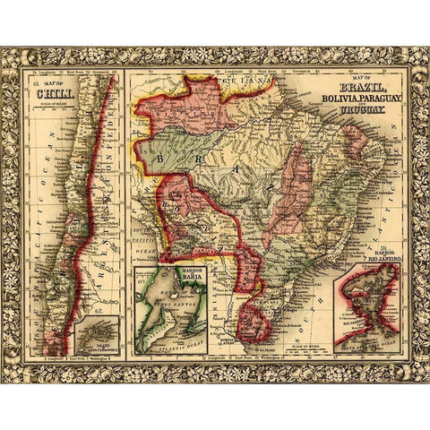 Brazil-Bolivia-Paraguay-Uruguay-Chili 1870 Black Modern Wood Framed Art Print with Double Matting by Vintage Maps