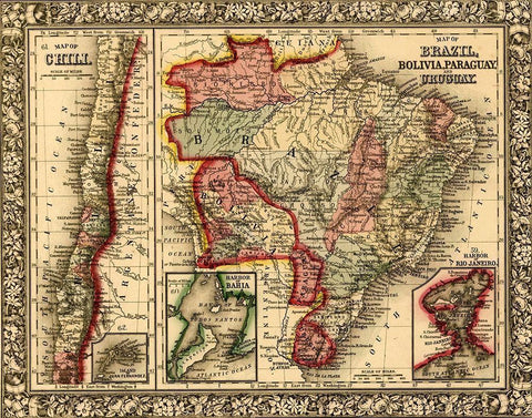 Brazil-Bolivia-Paraguay-Uruguay-Chili 1870 Black Ornate Wood Framed Art Print with Double Matting by Vintage Maps