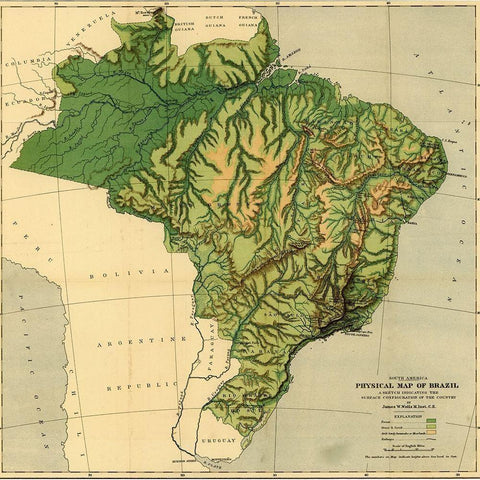 Physical Map of Brazil-the Amazon and Its tributaries 1886 White Modern Wood Framed Art Print by Vintage Maps