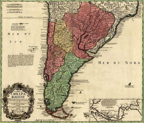 Southern Countries of South America 1733 White Modern Wood Framed Art Print with Double Matting by Vintage Maps