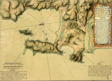 Topographic Map of Concepcion Bay Chile 1782 Black Ornate Wood Framed Art Print with Double Matting by Vintage Maps