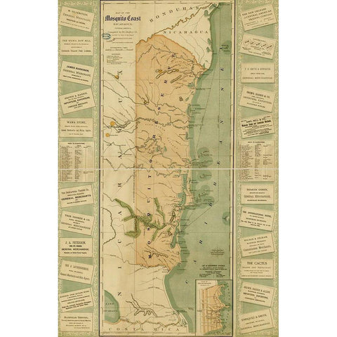 Mosquito Coast of Nicaragua Gold Ornate Wood Framed Art Print with Double Matting by Vintage Maps