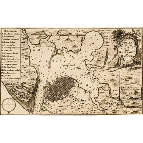 Havana Cuba City Plan 1701 Gold Ornate Wood Framed Art Print with Double Matting by Vintage Maps