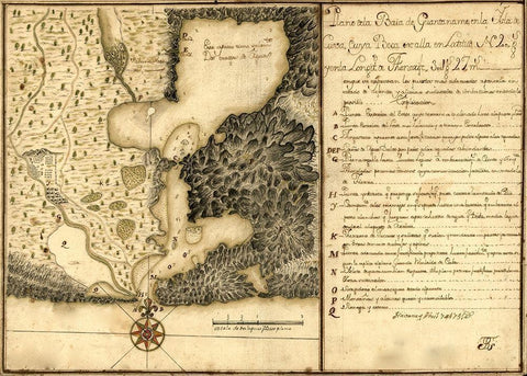 Plan of Guantanamo Bay Cuba 1751 Black Ornate Wood Framed Art Print with Double Matting by Vintage Maps