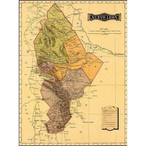 Nuevo Leon 1844 Gold Ornate Wood Framed Art Print with Double Matting by Vintage Maps