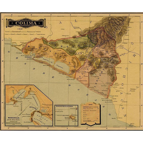 Colima 1844 Gold Ornate Wood Framed Art Print with Double Matting by Vintage Maps