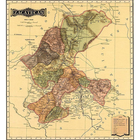 Zacatecas 1844 Black Modern Wood Framed Art Print with Double Matting by Vintage Maps