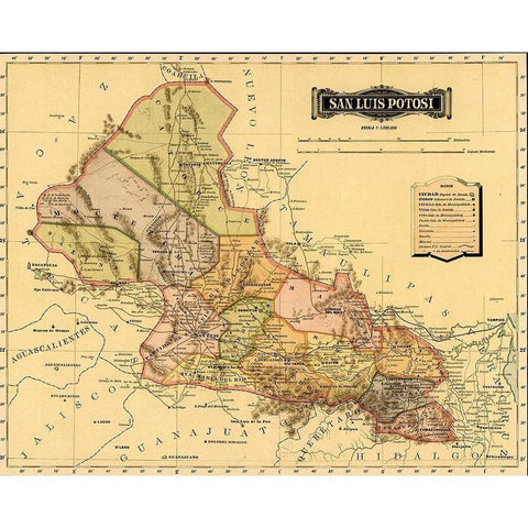 San Luis Potosi 1844 Black Modern Wood Framed Art Print with Double Matting by Vintage Maps