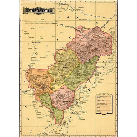 Queretaro 1844 Gold Ornate Wood Framed Art Print with Double Matting by Vintage Maps