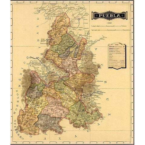 Puebla 1844 Black Modern Wood Framed Art Print with Double Matting by Vintage Maps