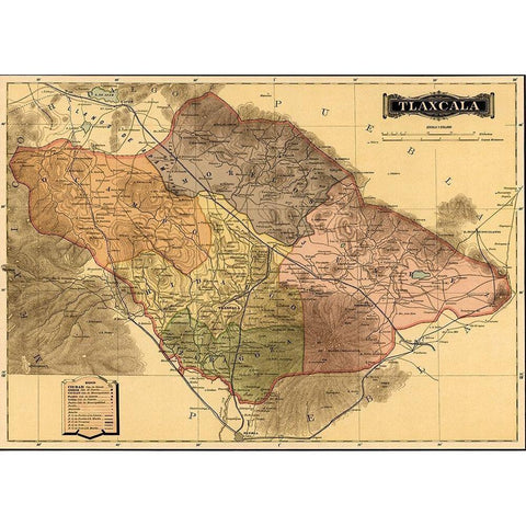 Tlaxcala 1844 Black Modern Wood Framed Art Print with Double Matting by Vintage Maps