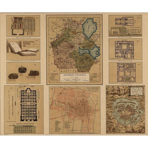 Mexico Federal District 1844 Black Modern Wood Framed Art Print with Double Matting by Vintage Maps