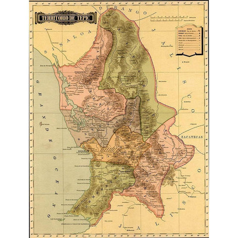 Terrirotrio de tepic 1844 White Modern Wood Framed Art Print by Vintage Maps