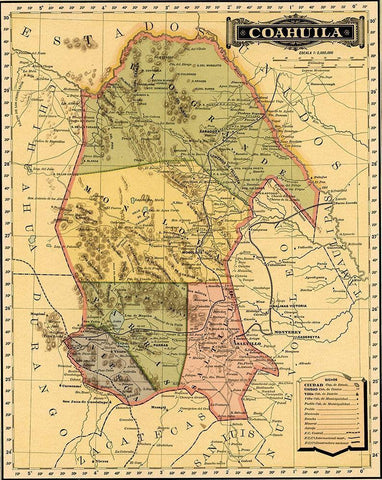 Coahila 1844 White Modern Wood Framed Art Print with Double Matting by Vintage Maps