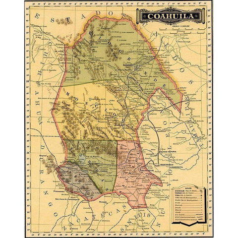 Coahila 1844 Black Modern Wood Framed Art Print by Vintage Maps