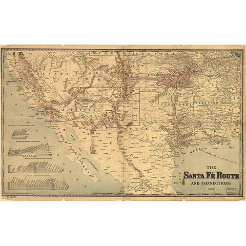 Sante Fe Route into Mexico 1888 Gold Ornate Wood Framed Art Print with Double Matting by Vintage Maps