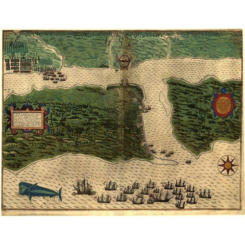 Sir Francis Drakes West Voyage to the West Indies Saint Augustine 1589 Black Modern Wood Framed Art Print with Double Matting by Vintage Maps