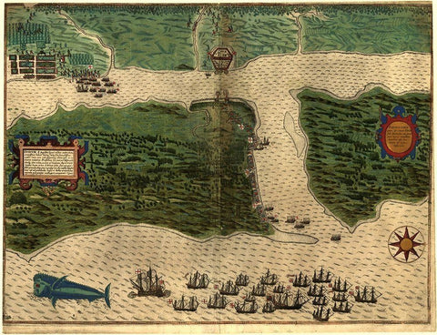 Sir Francis Drakes West Voyage to the West Indies Saint Augustine 1589 Black Ornate Wood Framed Art Print with Double Matting by Vintage Maps