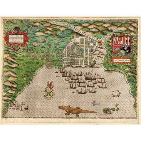 Sir Francis Drakes West Voyage to the West Indies Santo Domingo 1589 Gold Ornate Wood Framed Art Print with Double Matting by Vintage Maps